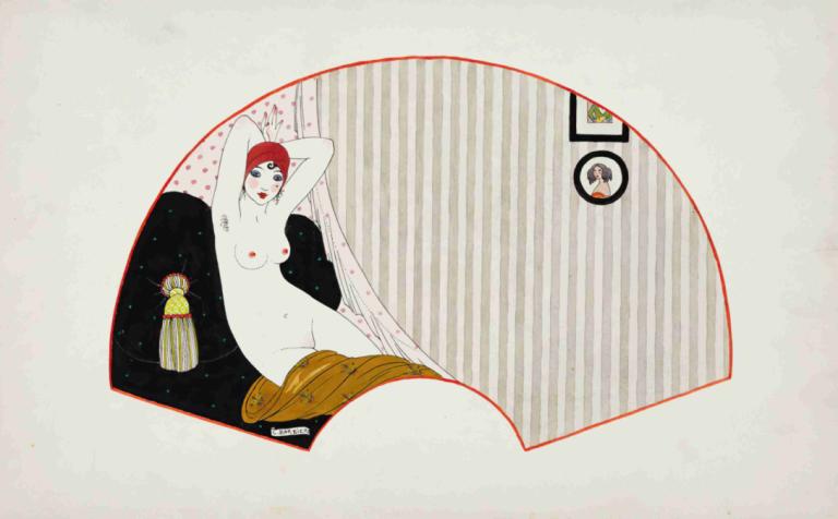 Femme nue sur un divan,George Barbier,Illustration,Illustration, 1girl, solo, nipples, nude, breasts