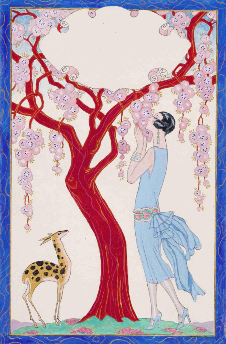 Femme, faon et arbre rouge,สีแดง, และสีแดง,George Barbier,จอร์จ บาบิล,ภาพประกอบ,ภาพประกอบ, 1สาว, ชุด, ผมสีดำ