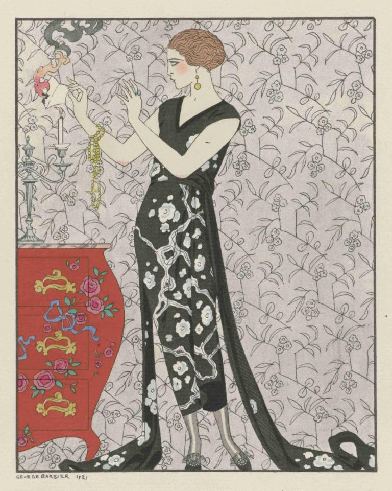 Fumée ; Robe du soir, de Beer,Fumée；Robe du Soir，de Beer,George Barbier,喬治·巴比爾,插畫,插畫, 珠寶, 1個女孩, 棕色的頭髮, 裙子, 耳環