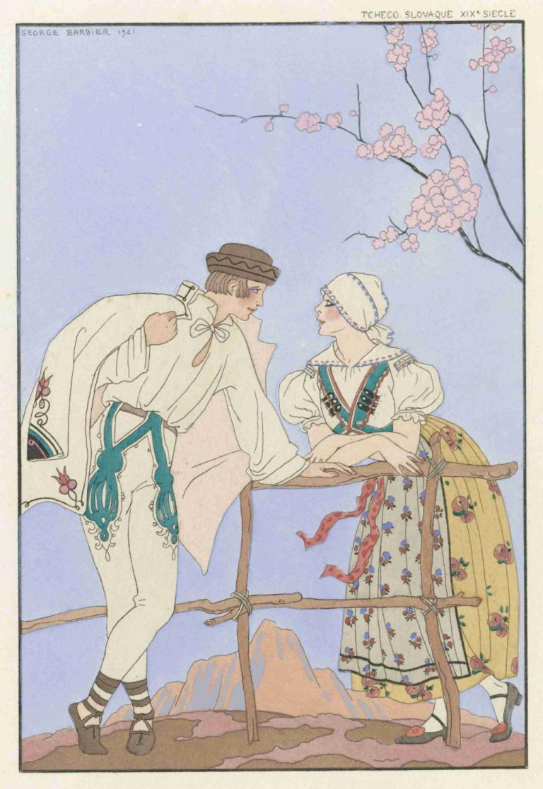 Gentils Propos,George Barbier,Illustration,Illustration, brown hair, shirt, white pants, flower, white shirt