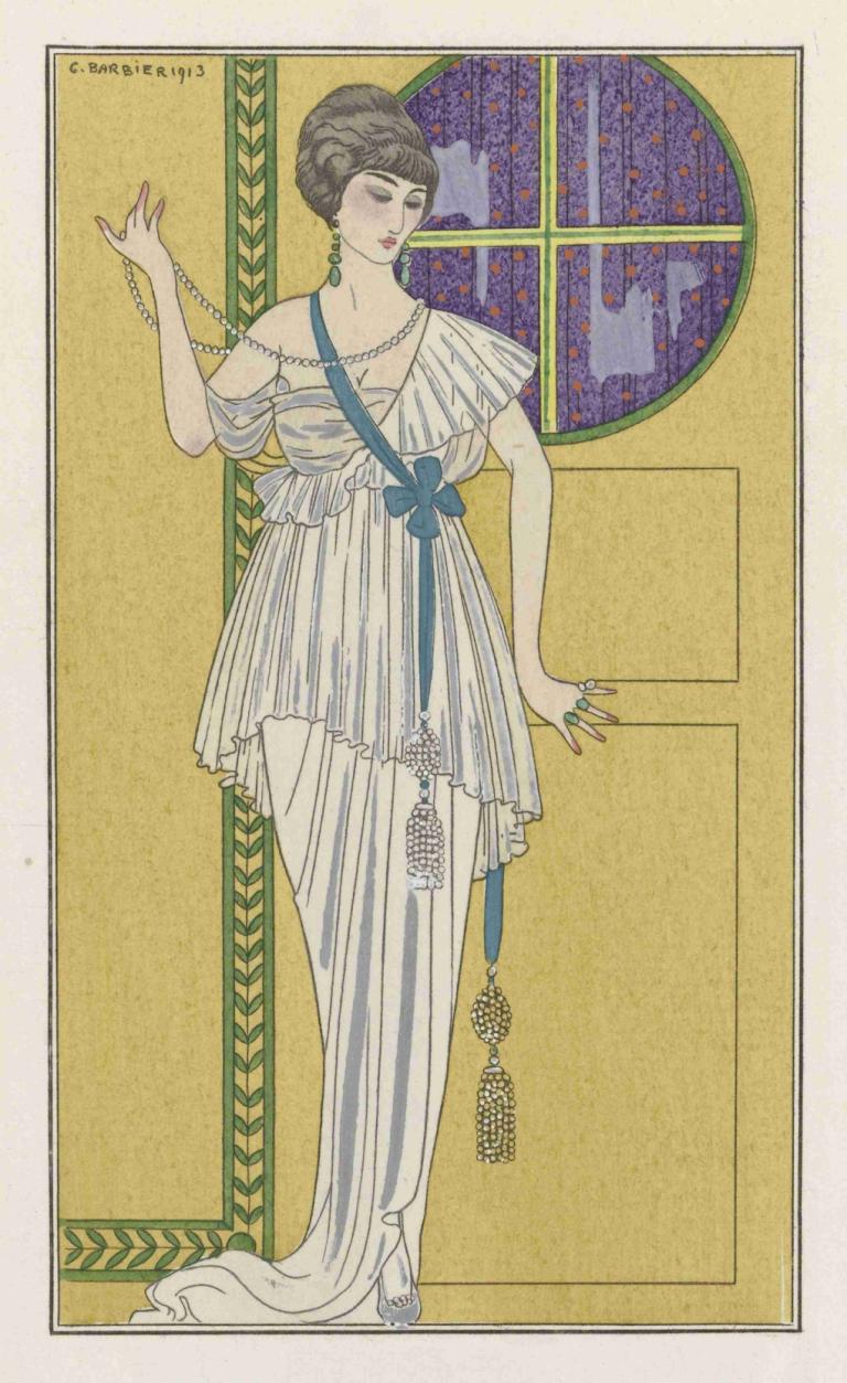 Grande robe du soir,George Barbier,Illustration,Illustration, 1girl, solo, jewelry, dress, window, earrings