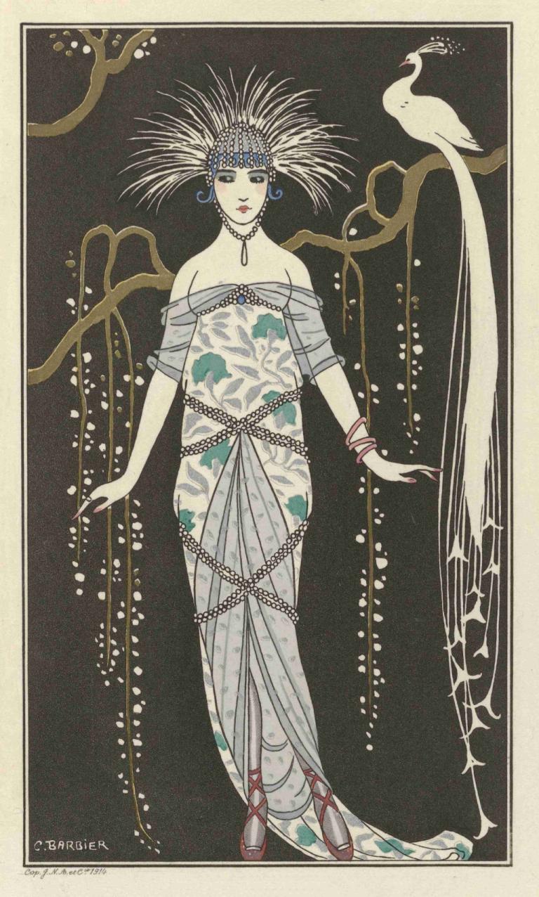 Grande robe du soir,晚宴上的長袍,George Barbier,喬治·巴比爾,插畫,插畫, 1個女孩, 鳥, 獨奏, 珠寶, 裙子, 手鐲, 耳環, 全身, 常設, 裸露的肩膀, 紅色鞋類, 項鍊