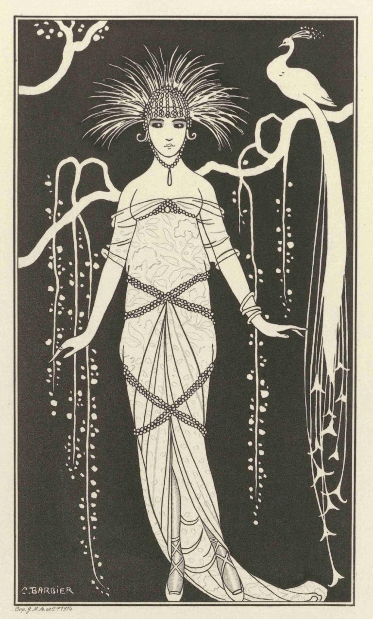 Grande robe du soir,George Barbier,Illustration,Illustration, 1girl, jewelry, bird, solo, monochrome