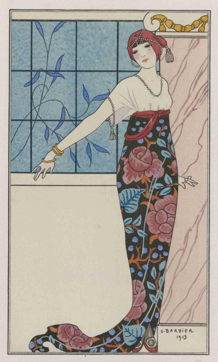 Grande robe du soir,,George Barbier,Illustration,Illustration, 1girl, solo, shirt, jewelry, white shirt