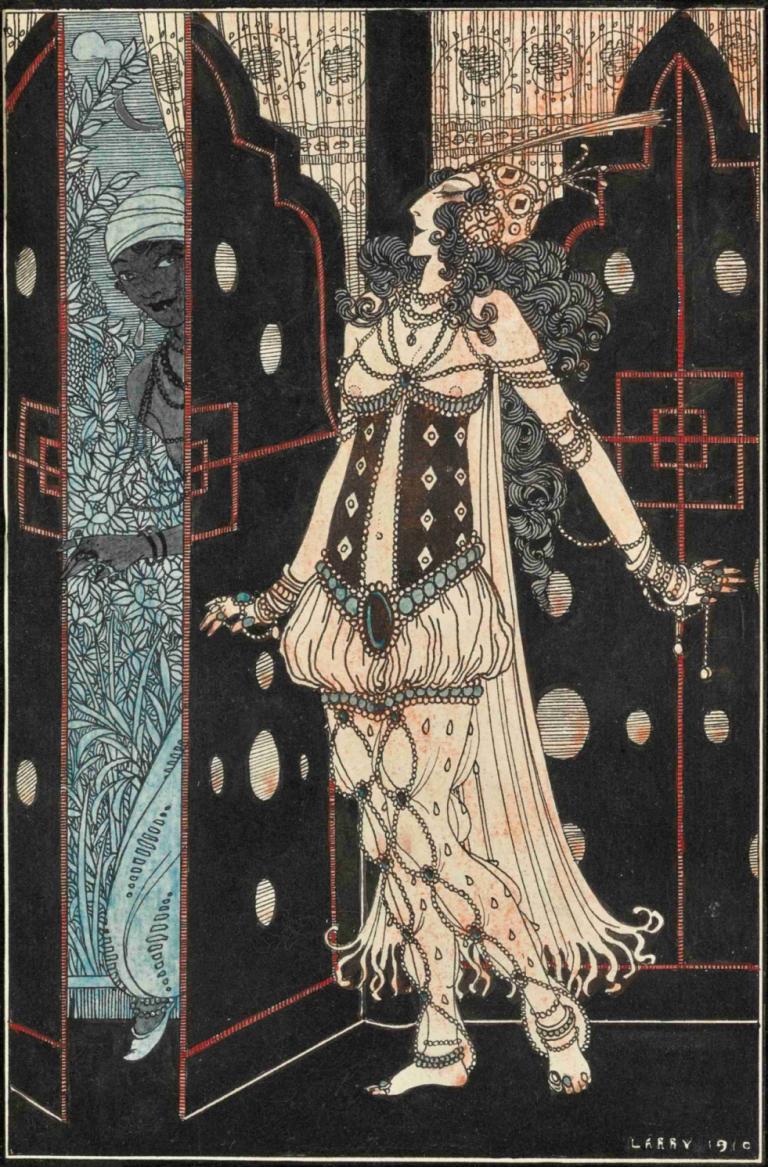 Ida Rubinstein and Vaslav Nijinsky in Scheherazade,George Barbier,Illustration,Illustration, barefoot