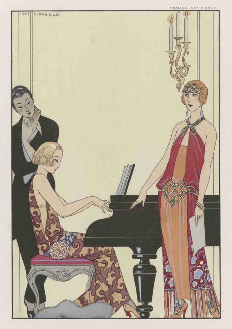 Incantation,Canto,George Barbier,Ilustración,Ilustración, pelo rubio, vestido, piano, joyas, pendientes