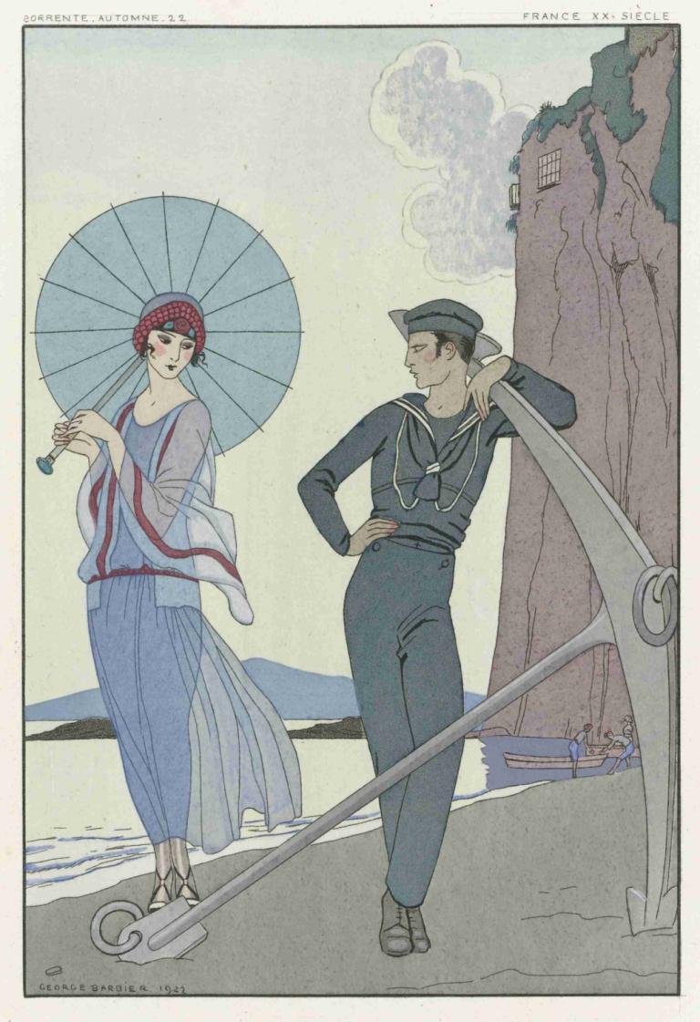 Joie de vivre; Falbalas et Fanfreluches,George Barbier,Illustration,Illustration, parapluie, 1fille, chapeau