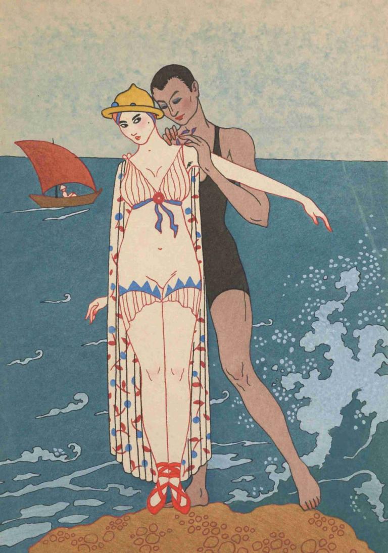 L' Ilot,George Barbier,Ilustrație,Ilustrație, mai multe fete, 2 fete, costum de baie, parodie artistică