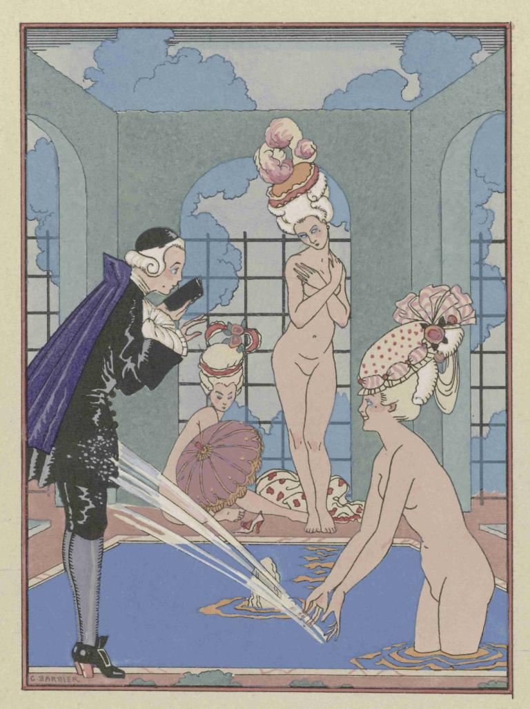 L'Eau,George Barbier,Illustration,Illustration, fine art parody, multiple girls, nude, parody, 4girls