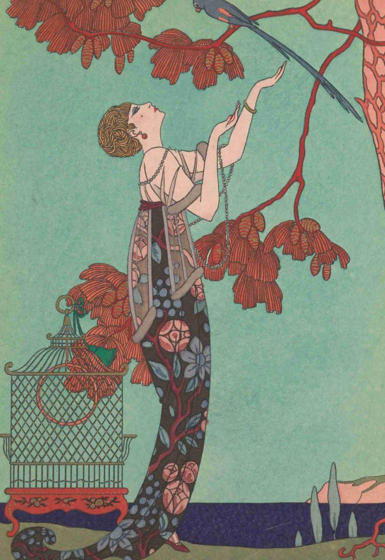 L'Oiseau Volage,George Barbier,Ilustración,Ilustración, 1 chica, solo, joyas, pendientes, pájaro