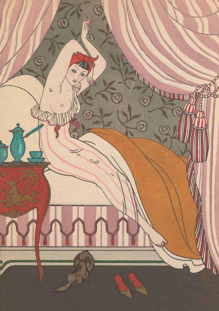 La Belle Matineuse,George Barbier,Ilustrasi,Ilustrasi, 1 gadis, puting, busur, pita merah, tirai