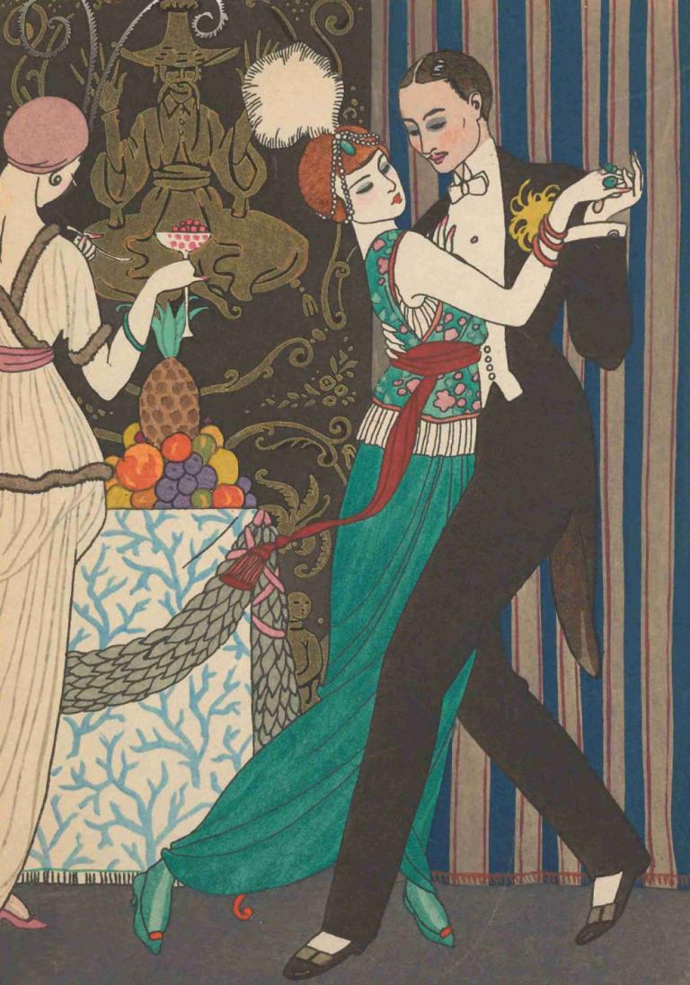 La Danse,El baile,George Barbier,Ilustración,Ilustración, baile, varias chicas, uvas, vestido, formal