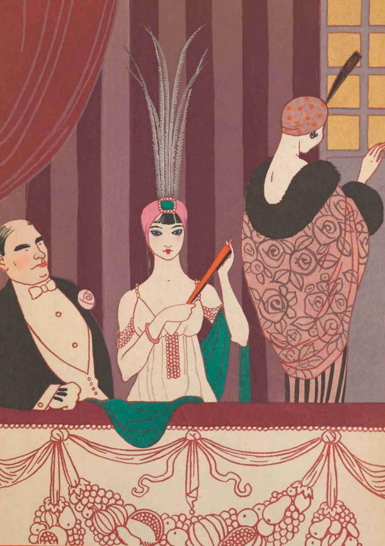 La Loge,George Barbier,Ilustrasi,Ilustrasi, tirai, 1 gadis, banyak anak laki-laki, 2 anak laki-laki, jendela