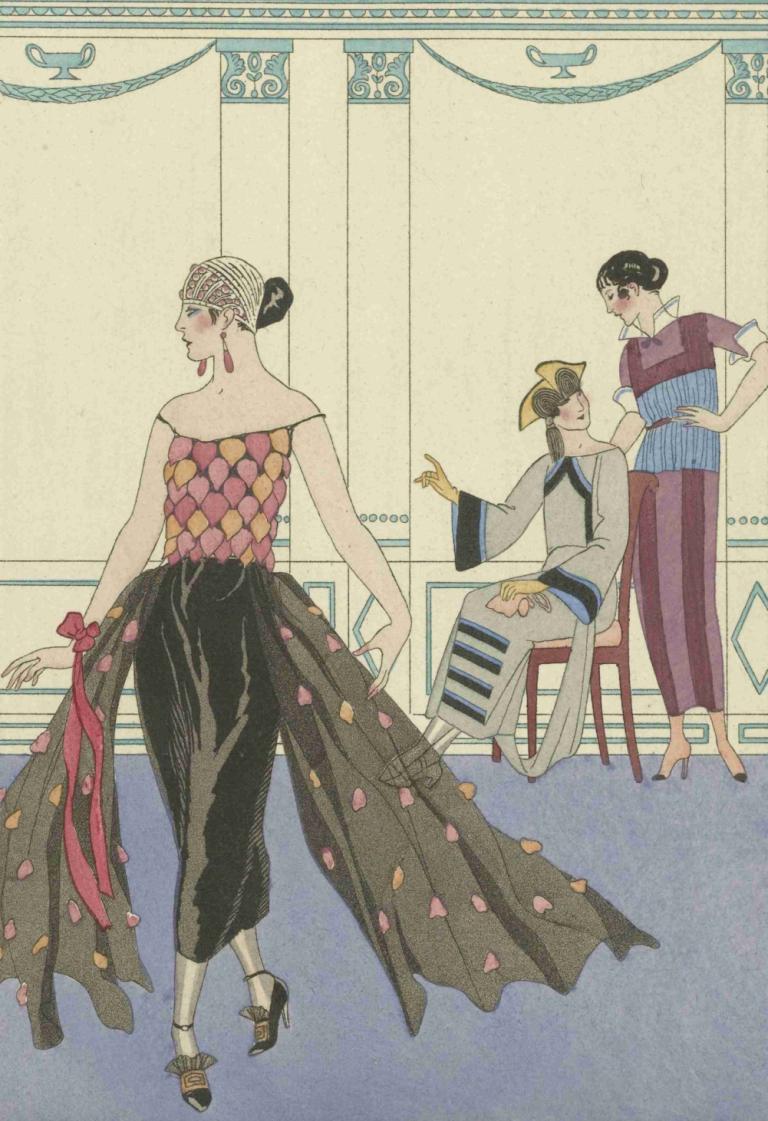 La Toilette Délicieuse,George Barbier,Ilustrasi,Ilustrasi, rambut hitam, sanggul rambut, banyak gadis