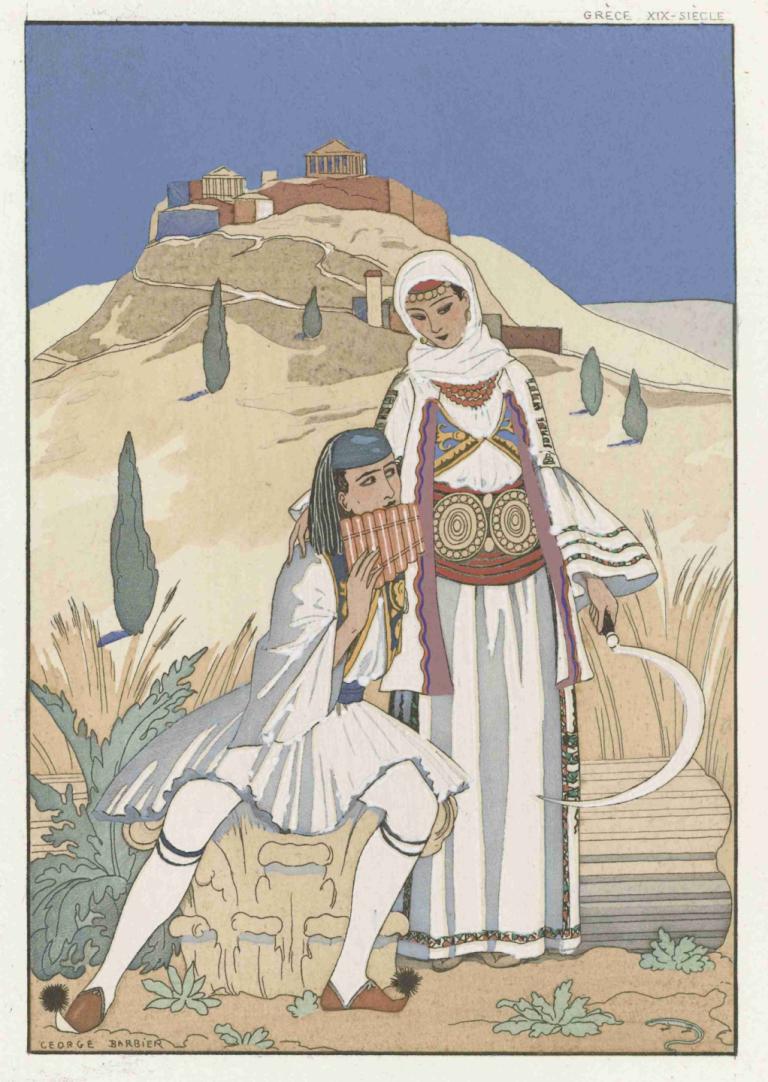 La flute de Pan,George Barbier,Ilustración,Ilustración, desierto, 2 chicas, varias chicas, pelo negro, sesión