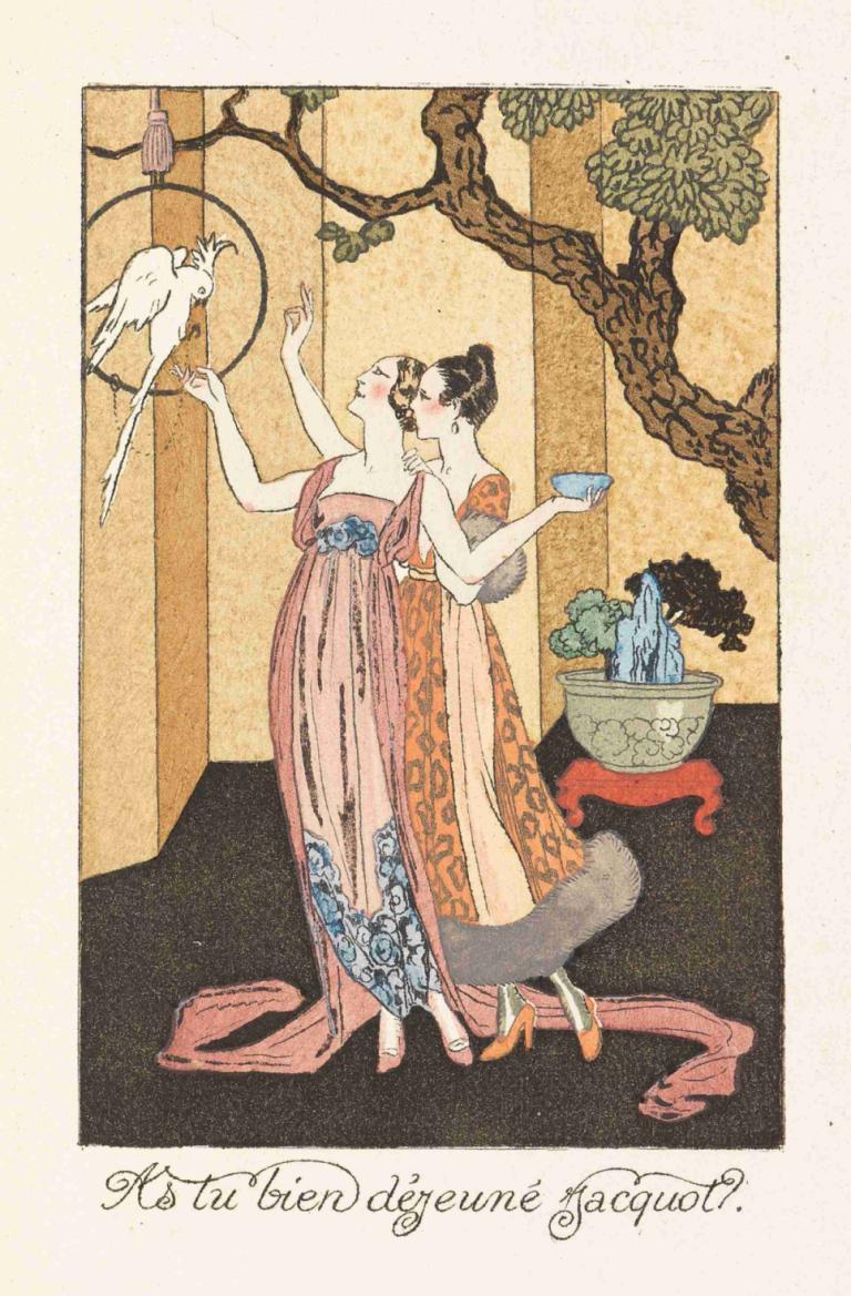 La guirlande des mois,Karangan bunga bulan-bulan,George Barbier,Ilustrasi,Ilustrasi, gaun, gaun merah muda