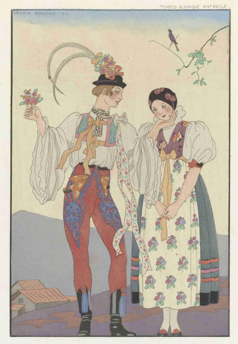 Le Coq du Village,Desa Le Coq du,George Barbier,Ilustrasi,Ilustrasi, bunga, lengan bengkak, celana