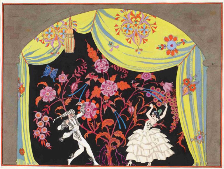 Le Flamenco,Flamenco,George Barbier,Illustratie,Illustratie, dansen, 1meisje, 1 jongen, jurk, bloem, beestje