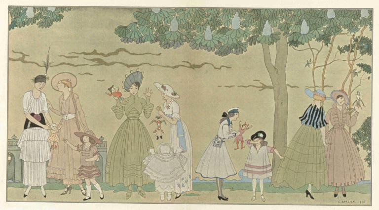 Le Jeu des Marionnettes,Jocul cu păpuși,George Barbier,Ilustrație,Ilustrație, mai multe fete, copac, rochie