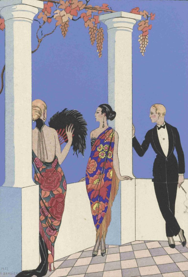 Le gout des chales.,De smaak van chales.,George Barbier,Illustratie,Illustratie, jurk, zwart haar, blond haar