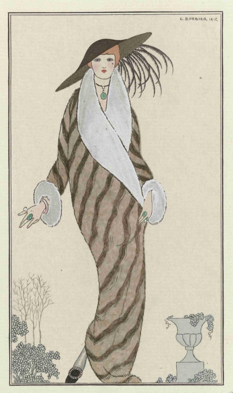 Manteau de Zibelin,George Barbier,Illustration,Illustration, 1fille, solo, bijoux, robe, anneau, chapeau