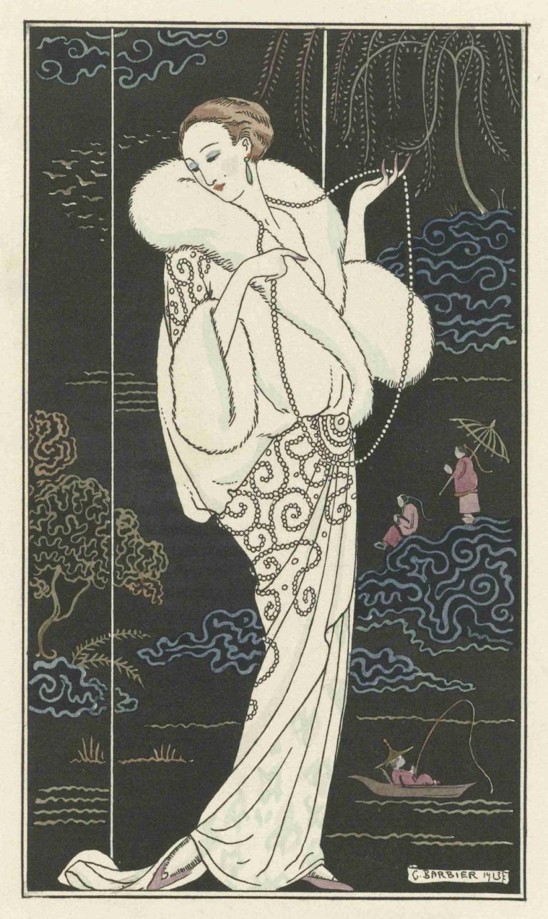 Manteau de velours,Fluwelen jas,George Barbier,Illustratie,Illustratie, 1meisje, solo, juwelen, oorbellen