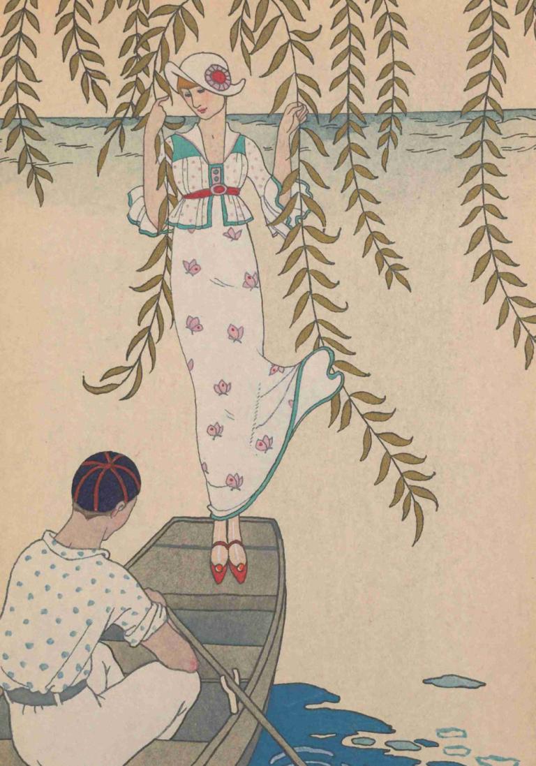 Midi Sur L'eau,George Barbier,Illustration,Illustration, bateau, fleur, chaussures rouges, robe, chapeau