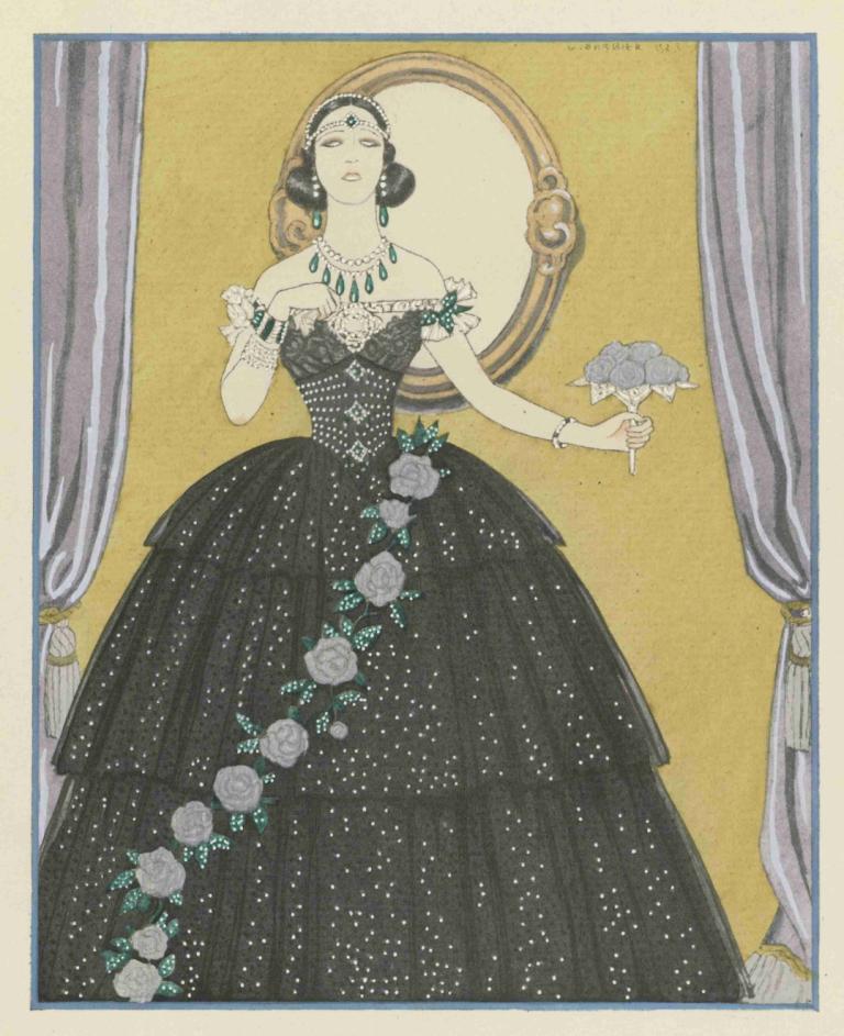 Mme Ida Rubinstein dans La Dame aux Camélias,George Barbier,Illustration,Illustration, 1fille, solo, bijoux