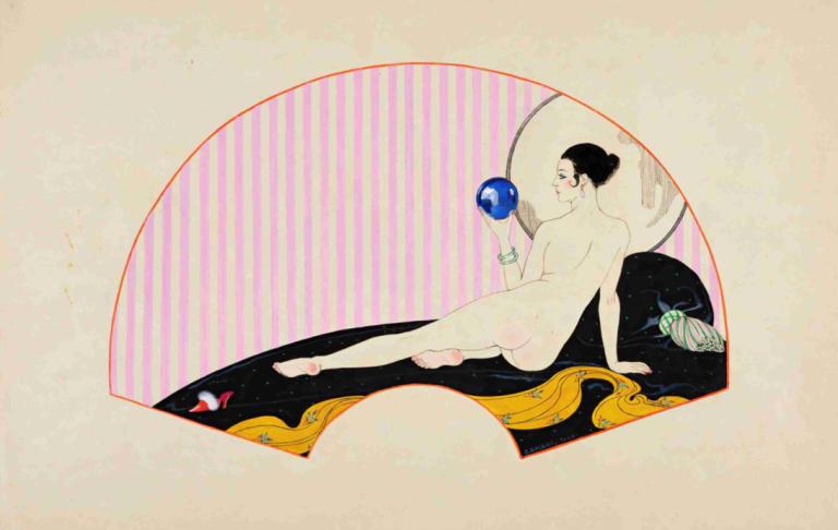 Odalisque à la Boulle de Crystal,George Barbier,Illustration,Illustration, solo, cheveux noirs, nu, 1fille