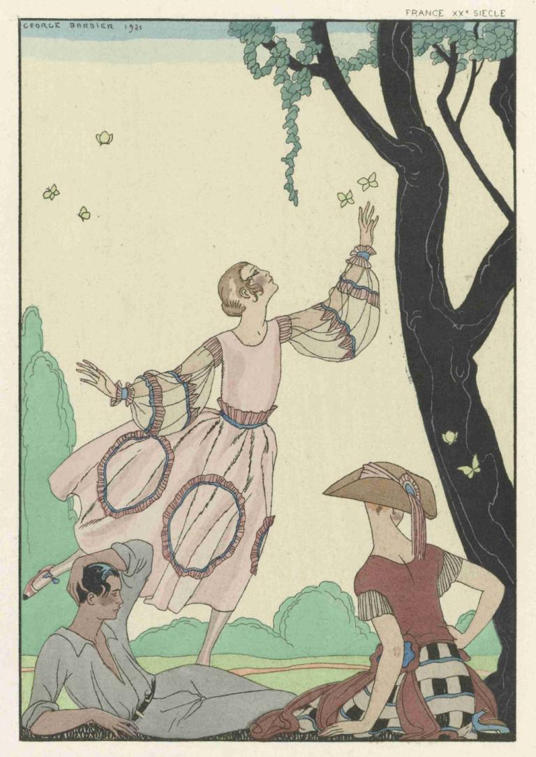 Papillons ; France XXe siècle,George Barbier,Illustration,Illustration, arbre, robe, robe rose, bogue, 1fille