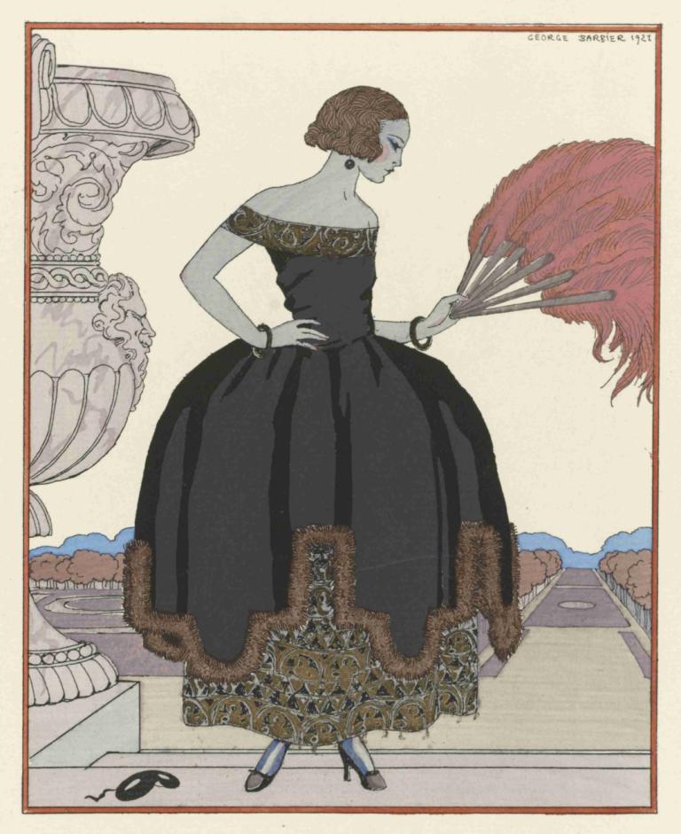 Pavane ; Robe du soir, de Worth,George Barbier,Illustration,Illustration, 1fille, robe, solo, bijoux