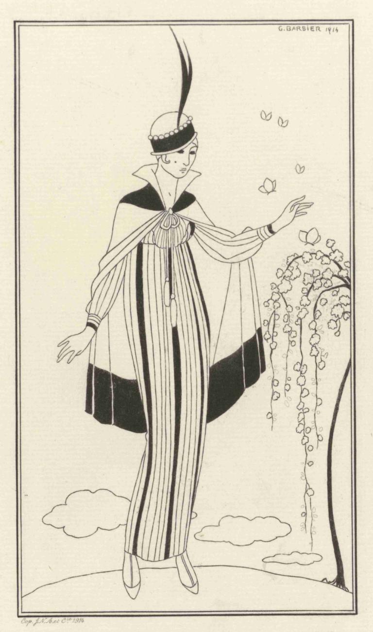 Petit manteau de velours,George Barbier,Illustration,Illustration, solo, monochrome, cap, bogue, papillon