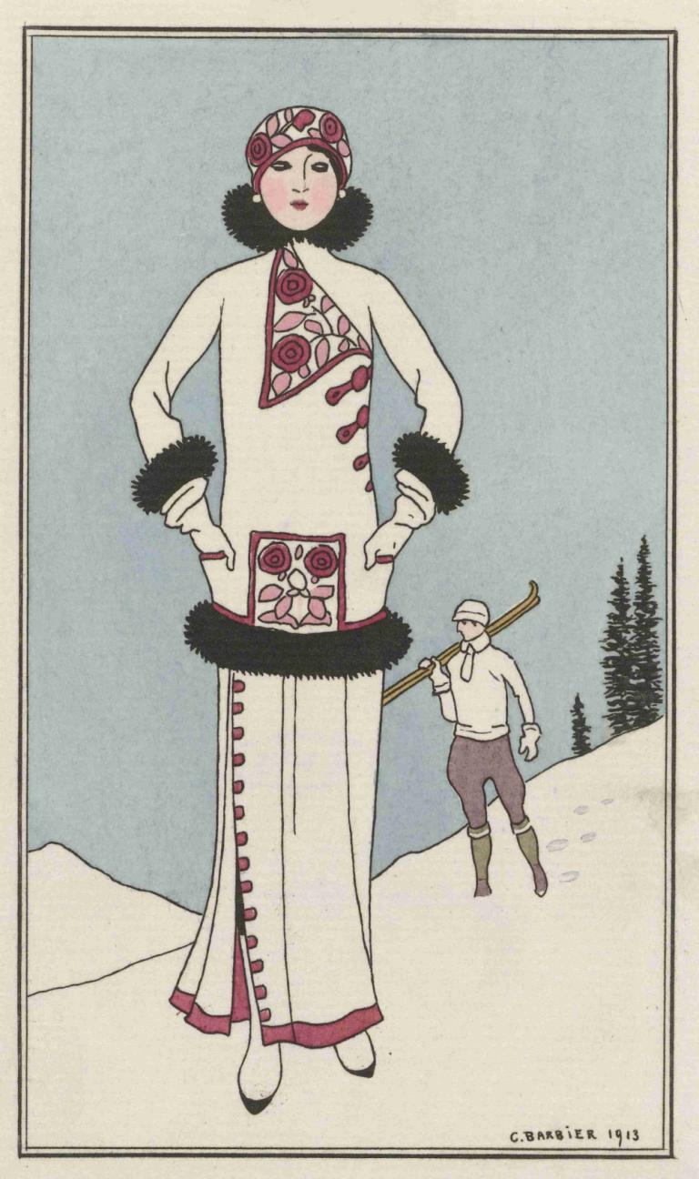 Pour St. Moritz,George Barbier,Illustration,Illustration, 1fille, 1garçon, arbre, chapeau, cheveux noirs