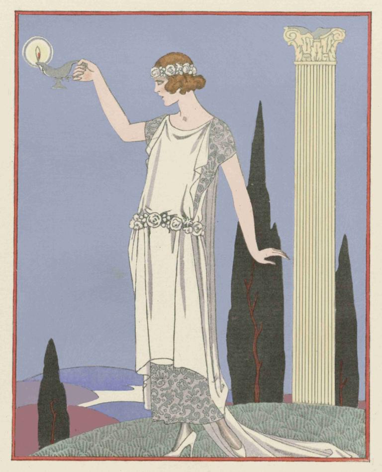 Psyché ; Robe du soir, de Worth,George Barbier,Illustration,Illustration, 1fille, solo, cheveux bruns, robe