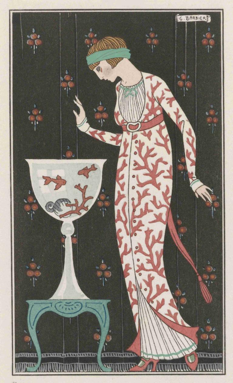 Robe d'intérieur,George Barbier,Illustration,Illustration, 1fille, solo, profil, robe, manches longues