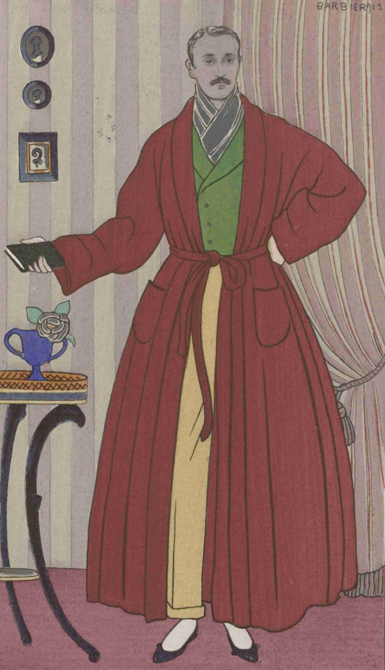 Robe de chambre,George Barbier,Illustration,Illustration, 1garçon, foyer masculin, solo, holding, rideaux