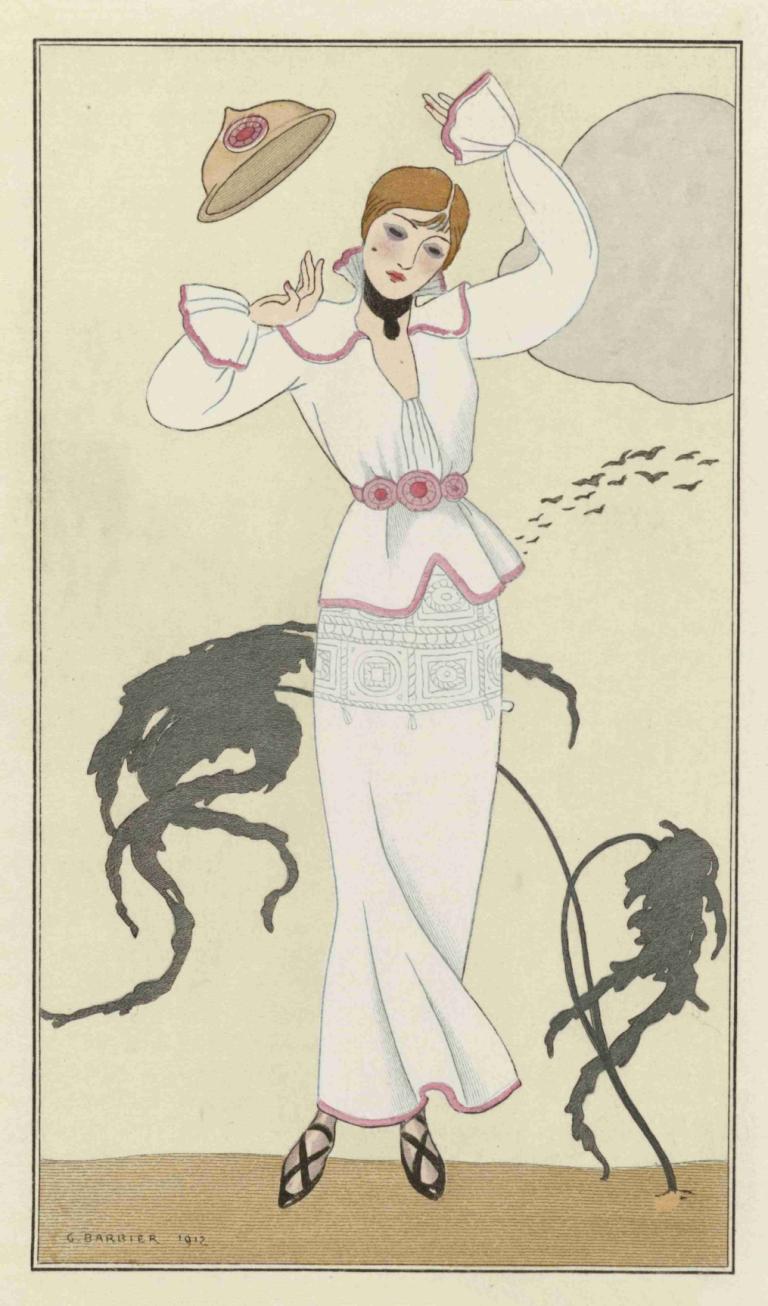 Robe de drap blanc,Hvid stofkjole,George Barbier,Illustration,Illustration, 1 pige, solo, brunt hår, hat