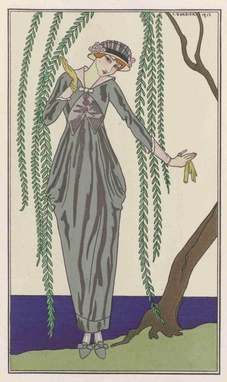 Robe de taffetas,Taft kjole,George Barbier,Illustration,Illustration, 1 pige, solo, kjole, blomst, orange hår