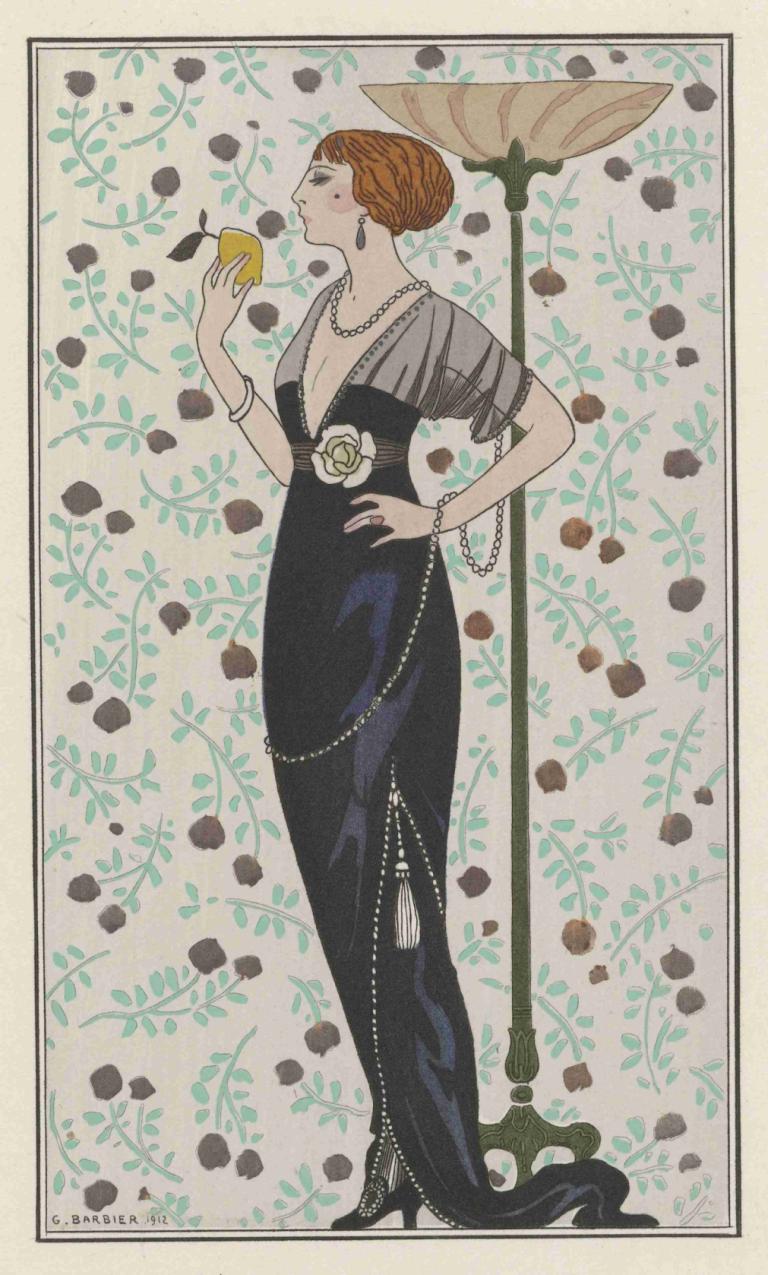 Robe du soir..,Rochie de seară.,George Barbier,Ilustrație,Ilustrație, 1 fata, solo, Bijuterii, cercei, profil