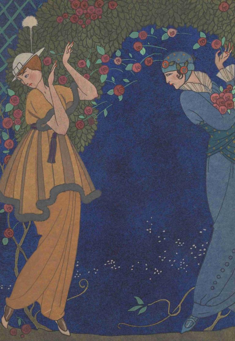 Roses dan la nuit,Vrtnice v noči,George Barbier,Ilustracija,Ilustracija, cvet, rdeča roža, klobuk, rastlina