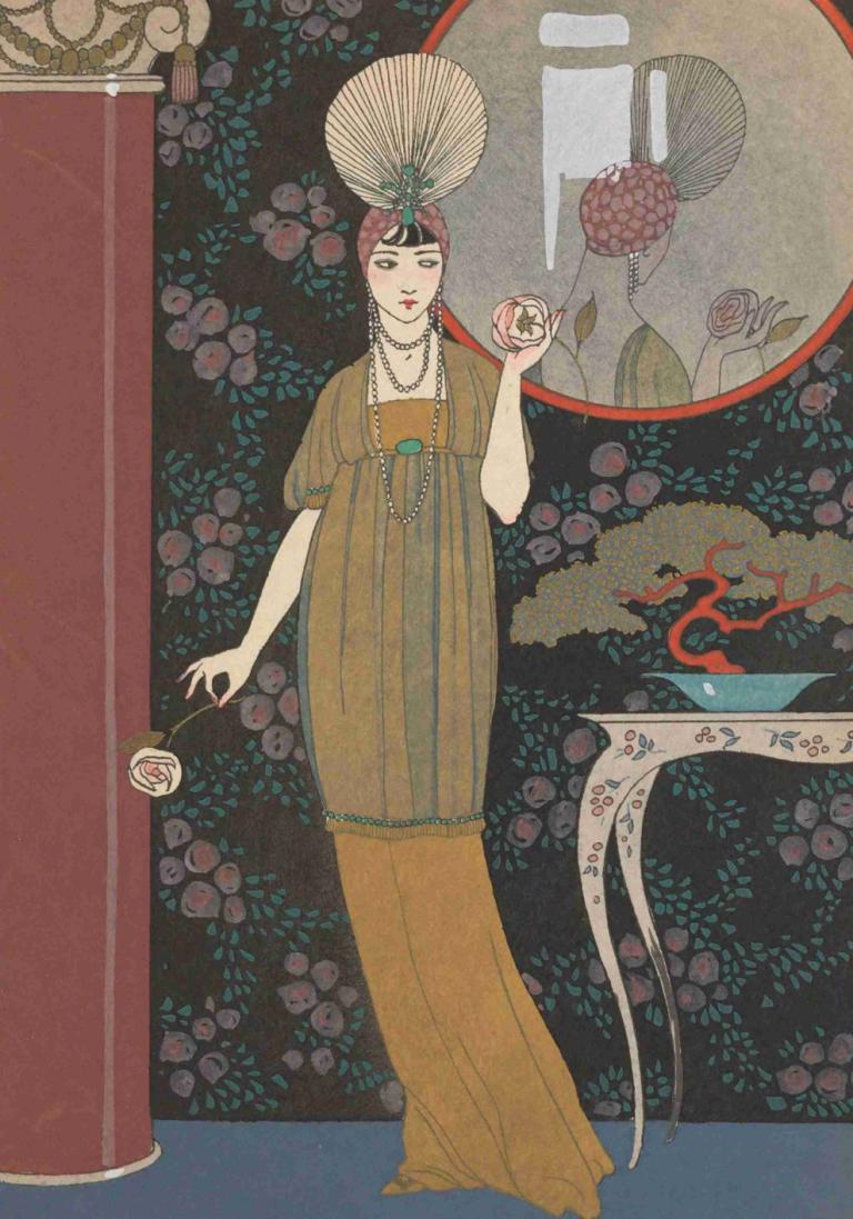 Sheherazade,George Barbier,Ilustracija,Ilustracija, 1 dekle, solo, cvet, obleka, držati, drži rožo, nakit