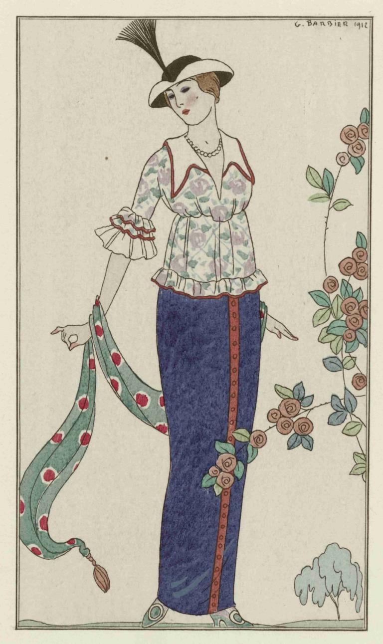 Toilette d'Été,Toaletă de vară,George Barbier,Ilustrație,Ilustrație, 1 fata, solo, floare, Bijuterii, cămaşă