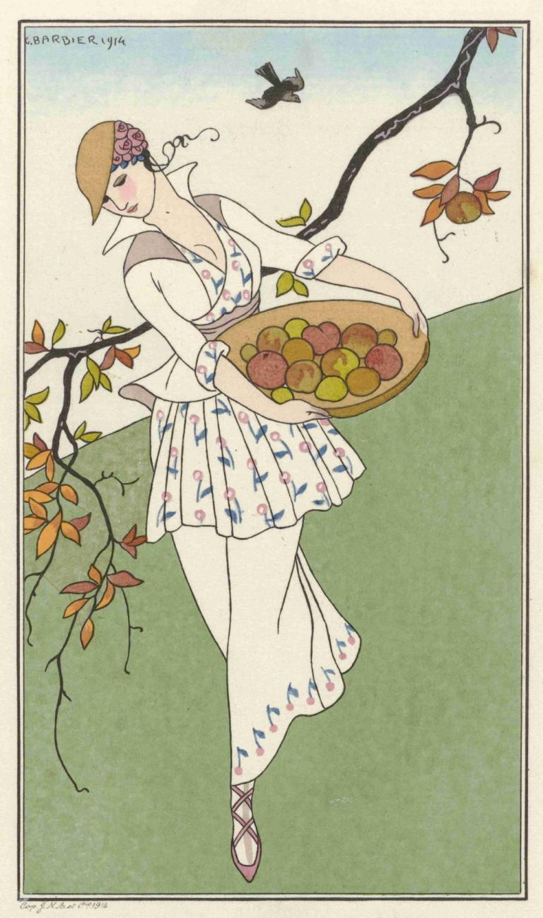 Toilette de taffetas,Toaleta iz tafta,George Barbier,Ilustracija,Ilustracija, 1 dekle, sadje, hrano, solo