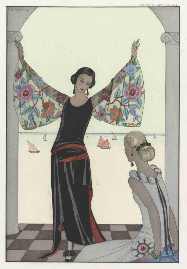 Voici mes ailes !,Tukaj so moja krila!,George Barbier,Ilustracija,Ilustracija, Črni lasje, obleka, 2 dekleta