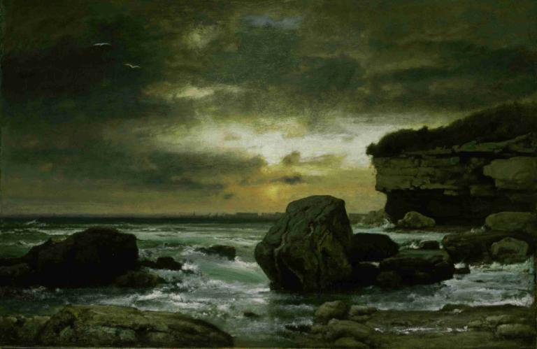 A Marine,George Inness,Oil Painting,Oil Painting, no humans, rock, scenery, cloud, outdoors, ocean, water