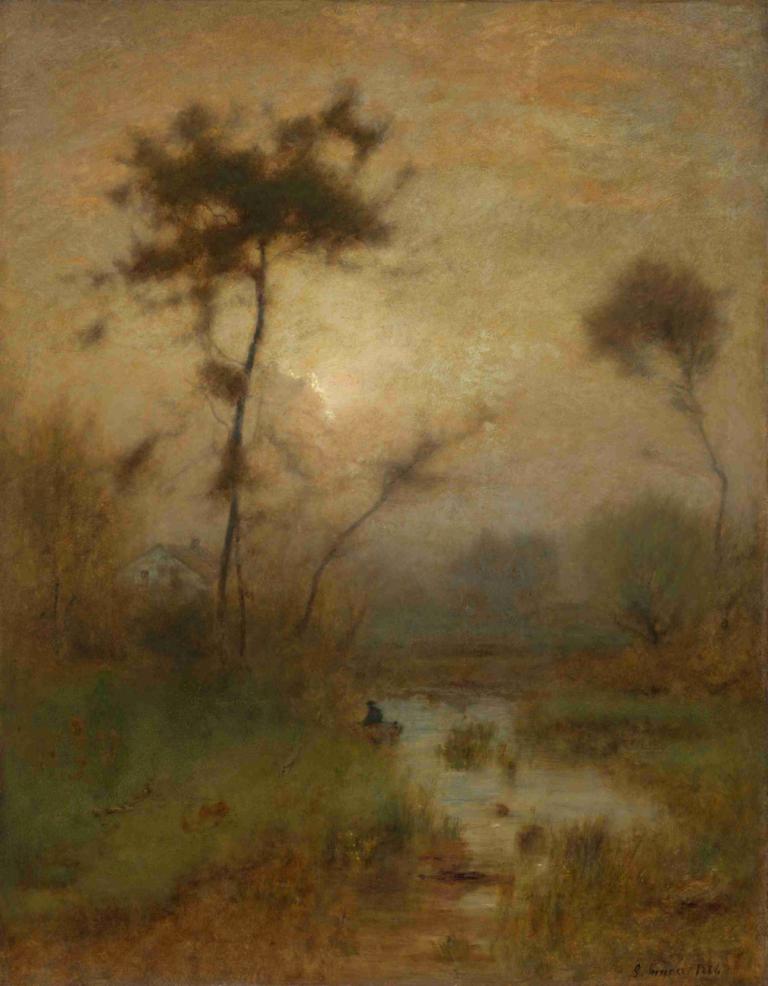 A Silver Morning,George Inness,Oil Painting,Oil Painting, tree, scenery, outdoors, solo, grass, nature