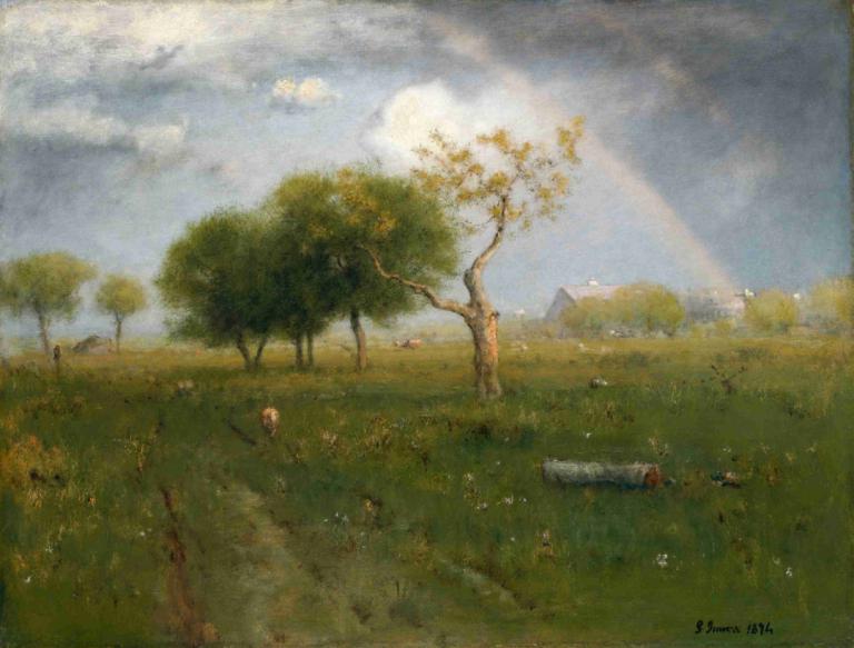 After a Summer Shower,George Inness,Oil Painting,Oil Painting, tree, no humans, scenery, outdoors, grass, sky