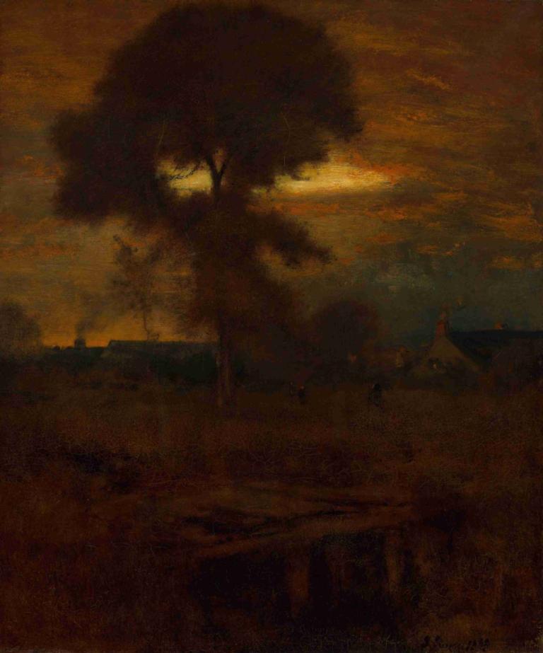 Afterglow,残照,George Inness,ジョージ・イネス,油絵,油絵, 雲, 屋外, 空, 景色, ソロ