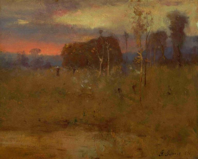 Afterglow on the Meadow,George Inness,Oil Painting,Oil Painting, scenery, outdoors, tree, no humans, sky