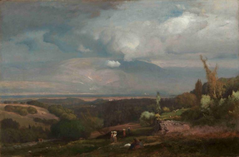 Approaching Storm from the Alban Hills,從阿爾班山接近風暴,George Inness,喬治·英尼斯,油畫,油畫, 戶外, 雲, 風景, 天空, 樹, 草, 自然, 多雲的天空